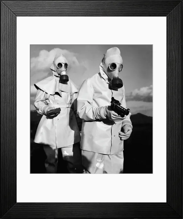 Framed Print : Civil Defense Workers in Protective Suits Framed Print : Civil Defense Workers in Protective Suits
