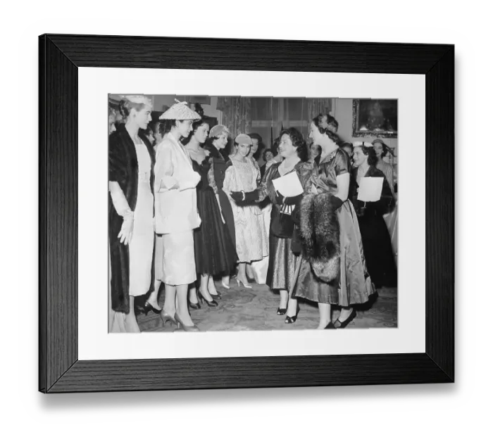 Framed Print : Queen Mother Elizabeth and Daughter Examining Models Clothing Framed Print : Queen Mother Elizabeth and Daughter Examining Models Clothing