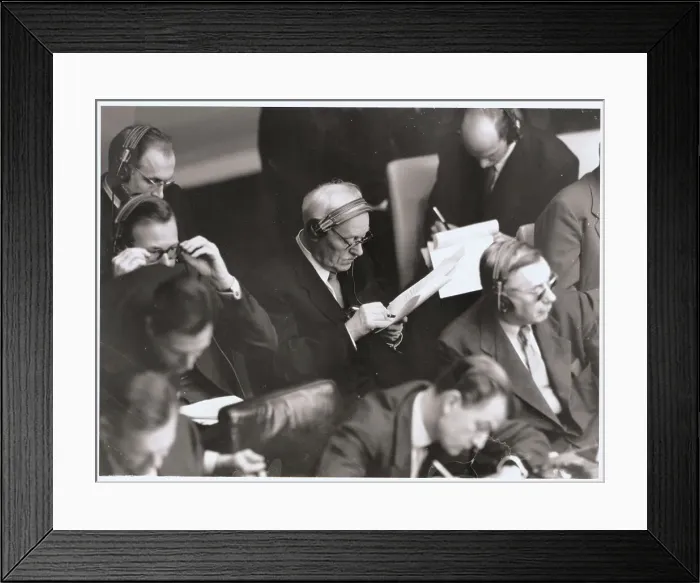 Framed Print : Andrei Vishinsky with Earphones and Writing on Document Framed Print : Andrei Vishinsky with Earphones and Writing on Document