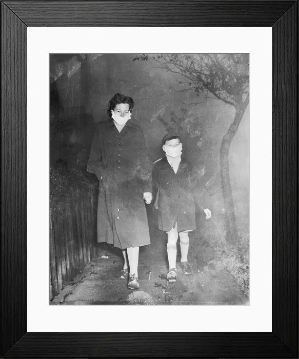 Framed Print : Mother and Son Wearing Smog Masks Framed Print : Mother and Son Wearing Smog Masks