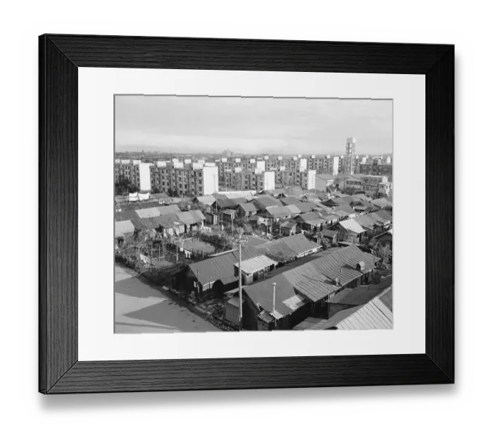 Framed Print : Apartment Buildings and Wooden Shacks Framed Print : Apartment Buildings and Wooden Shacks