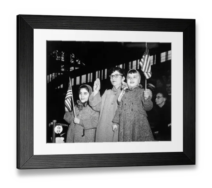Framed Print : Three New Americans Smiling, Waving Flag Framed Print : Three New Americans Smiling, Waving Flag