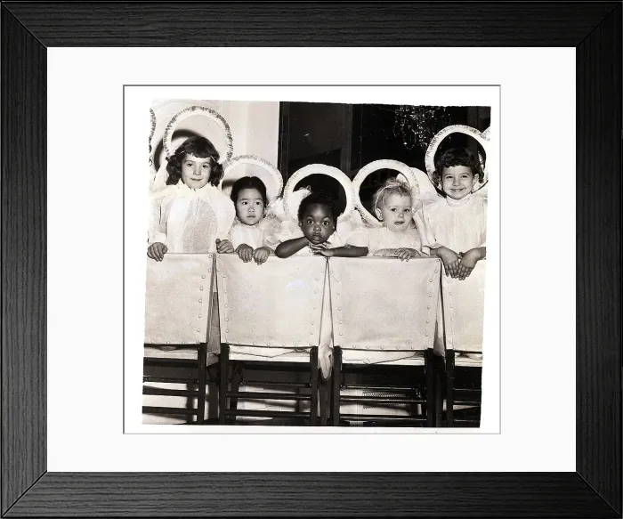 Framed Print : Girls in Angel Costumes on Chairs Framed Print : Girls in Angel Costumes on Chairs