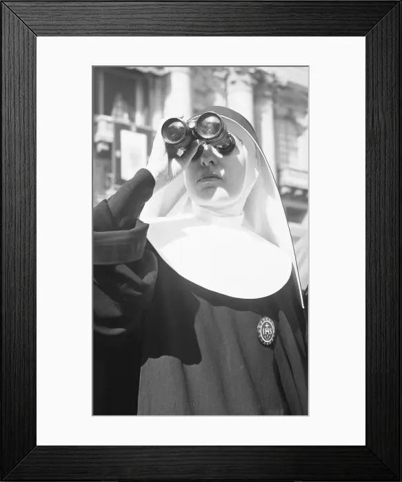 Framed Print : Nun Looking Through Binoculars Framed Print : Nun Looking Through Binoculars