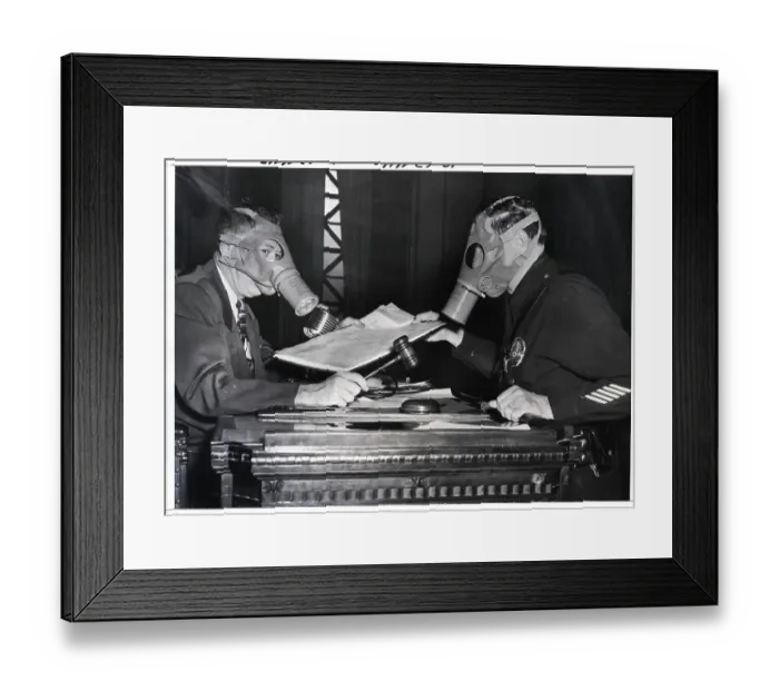 Framed Print : City Council Chambers Wearing Gas Masks Framed Print : City Council Chambers Wearing Gas Masks
