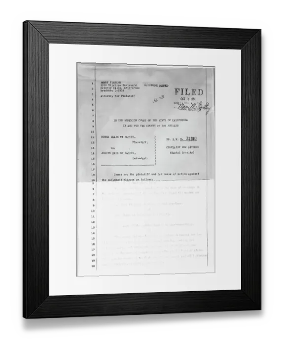 Framed Print : Divorce Complaint from Marilyn Monroe Framed Print : Divorce Complaint from Marilyn Monroe