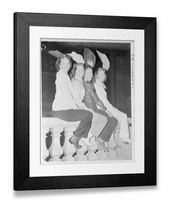 Framed Print : Cowgirls Sitting on Banister Framed Print : Cowgirls Sitting on Banister