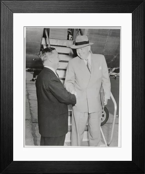Framed Print : Charles E. Wilson Being Greeted by Aviation President at Airplane Framed Print : Charles E. Wilson Being Greeted by Aviation President at Airplane