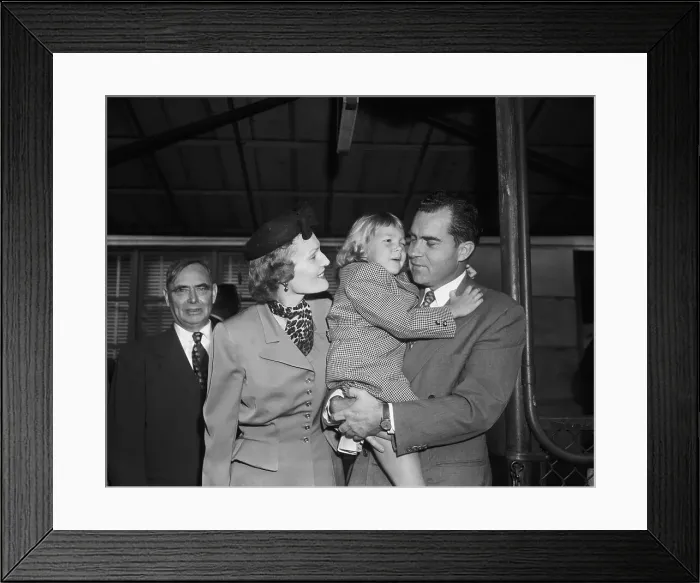 Framed Print : Richard Nixon Hugging Daughter with Wife Watching Framed Print : Richard Nixon Hugging Daughter with Wife Watching