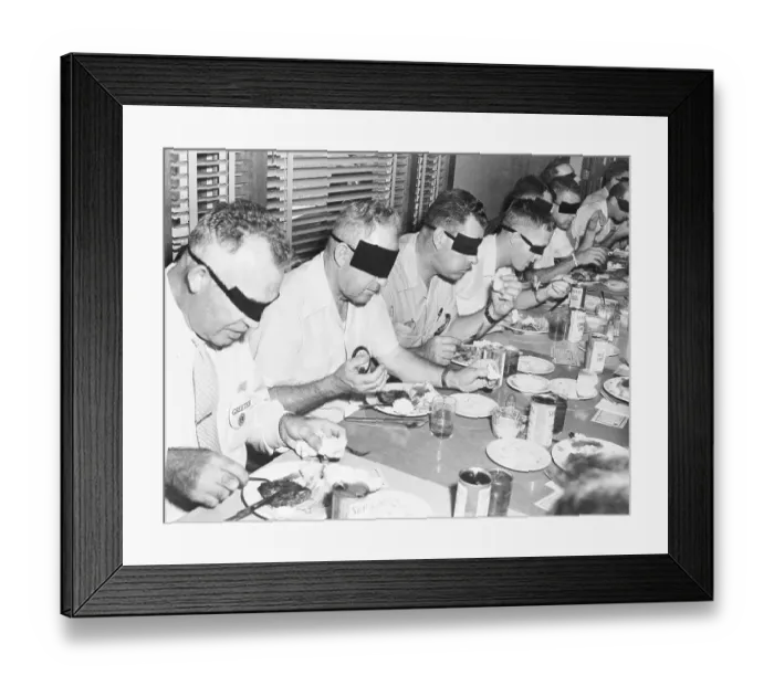 Framed Print : Men Eating Lunch Blindfolded Framed Print : Men Eating Lunch Blindfolded