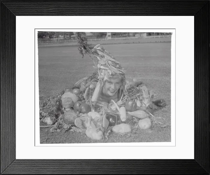 Framed Print : Loretta Kaiser Posing with Vegetables Framed Print : Loretta Kaiser Posing with Vegetables