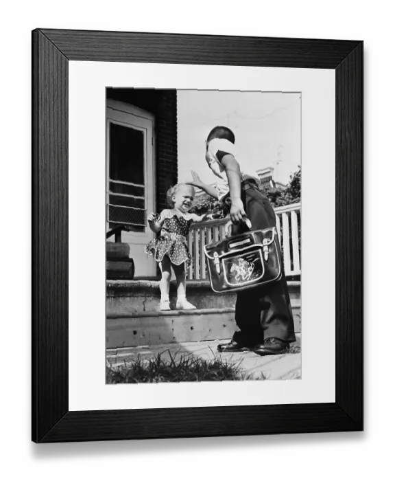 Framed Print : Girl on Steps Crying and Reaching for Her School Aged Sibling in Yard Framed Print : Girl on Steps Crying and Reaching for Her School Aged Sibling in Yard