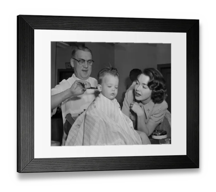 Framed Print : Barbara Rush with Son and Barber Framed Print : Barbara Rush with Son and Barber