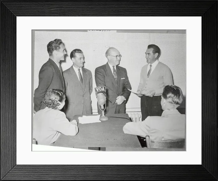 Framed Print : Chet Hollifield and Refugees Near Broadcasting Microphone Framed Print : Chet Hollifield and Refugees Near Broadcasting Microphone