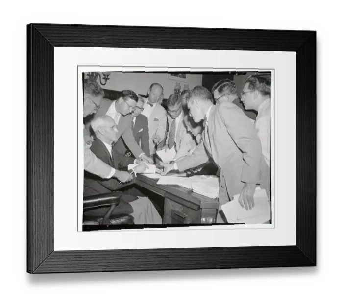 Framed Print : Arthur Watkins Handing out Bill of Particulars Framed Print : Arthur Watkins Handing out Bill of Particulars