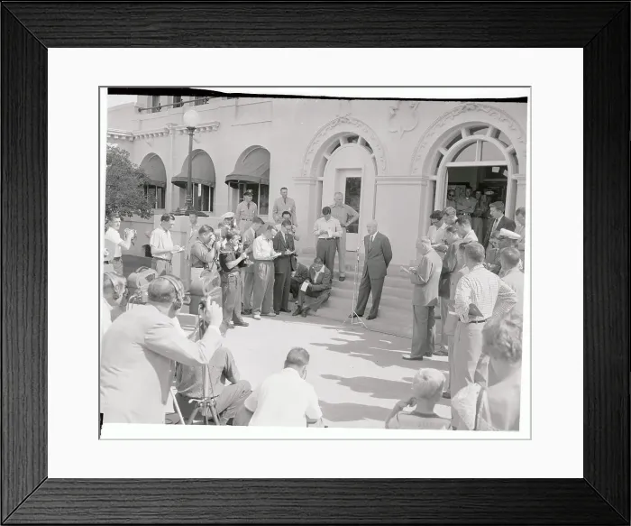 Framed Print : Dwight D. Eisenhower Standing in Front of Reporters at Outside Conference Framed Print : Dwight D. Eisenhower Standing in Front of Reporters at Outside Conference