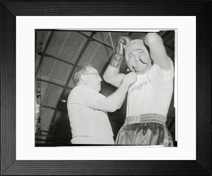 Framed Print : Charley Goldman Helping Rocky Marciano Put on His Headgear Framed Print : Charley Goldman Helping Rocky Marciano Put on His Headgear