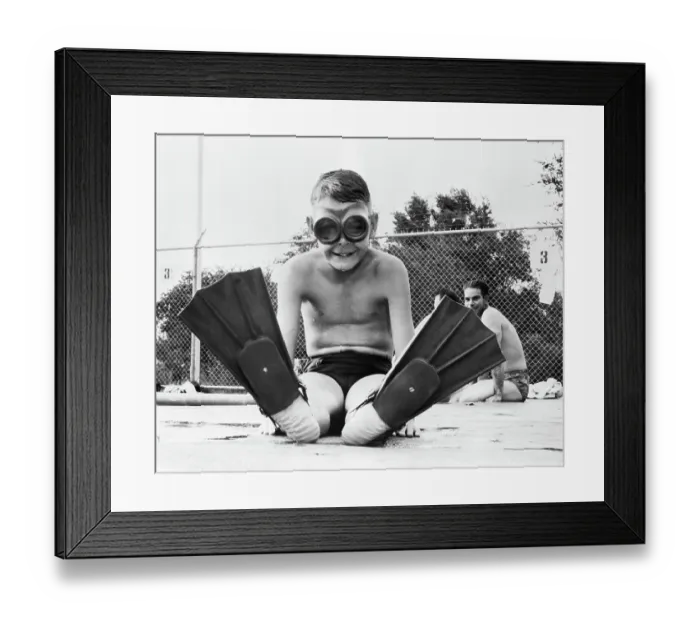 Framed Print : Boy Seated In Swimming Goggles & Fins Framed Print : Boy Seated In Swimming Goggles & Fins