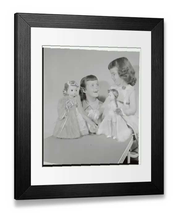 Framed Print : Girls Playing with Dolls Wearing Stockings and Mink Coat Framed Print : Girls Playing with Dolls Wearing Stockings and Mink Coat