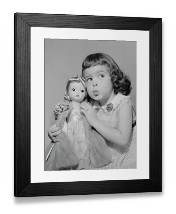 Framed Print : Girl Playing with Doll Wearing Real Mink Coat Framed Print : Girl Playing with Doll Wearing Real Mink Coat