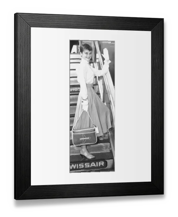 Framed Print : Audrey Hepburn Waving From Airplane Steps Framed Print : Audrey Hepburn Waving From Airplane Steps