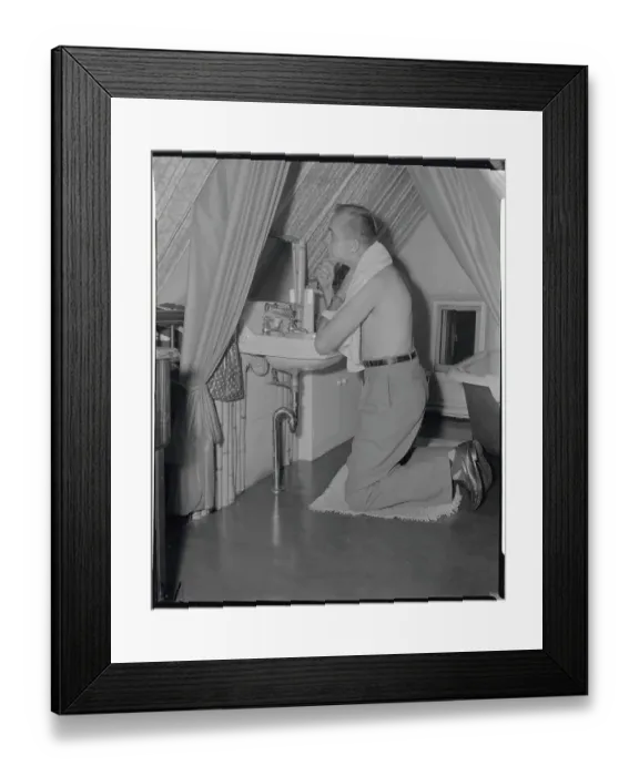 Framed Print : Robert Loomis Shaving in His Miniature Cottage Framed Print : Robert Loomis Shaving in His Miniature Cottage