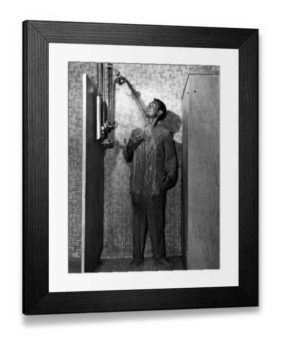 Framed Print : Man Wearing Suit While Showering Framed Print : Man Wearing Suit While Showering