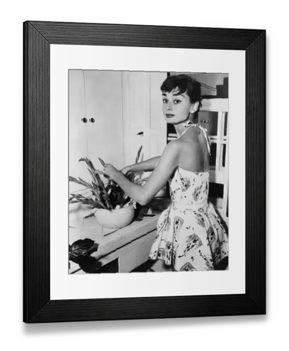 Framed Print : Audrey Hepburn Arranging Flowers in Kitchen Framed Print : Audrey Hepburn Arranging Flowers in Kitchen
