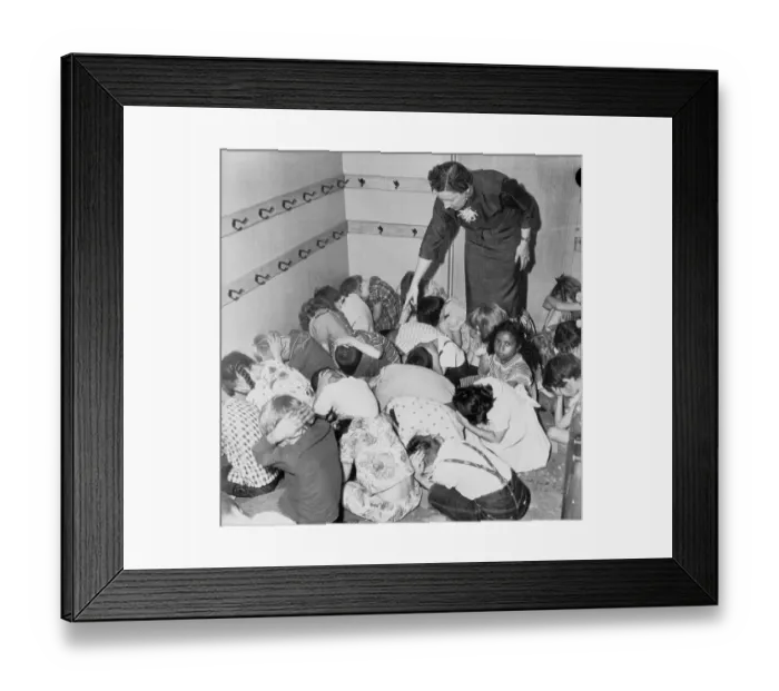Framed Print : Air Raid Drill By Kindergarten Class
