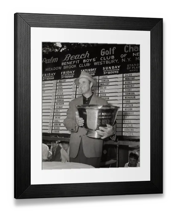 Framed Print : Sam Snead Standing with Trophy Before Scoreboard