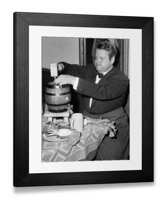 Framed Print : Orson Welles Tapping Keg Framed Print : Orson Welles Tapping Keg
