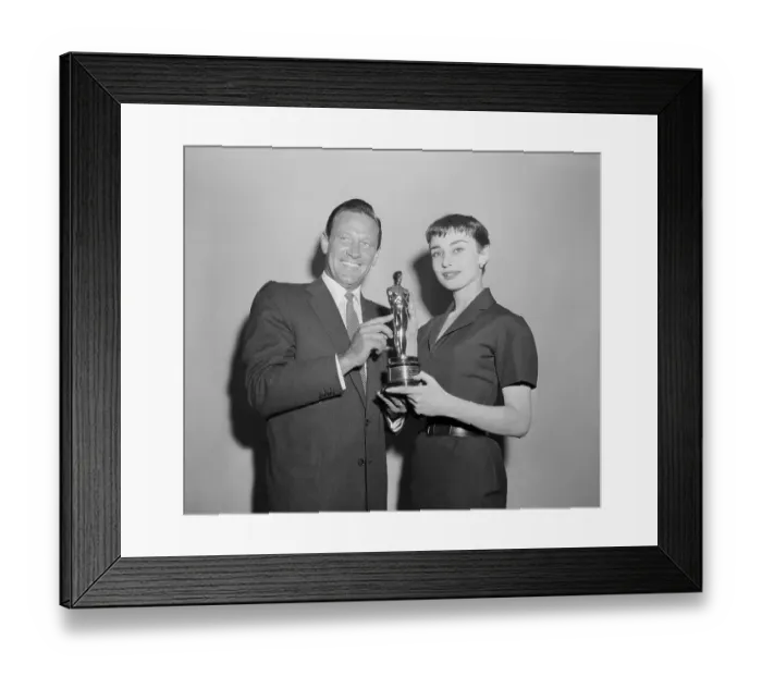 Framed Print : William Holden and Audrey Hepburn Holding Oscar Framed Print : William Holden and Audrey Hepburn Holding Oscar