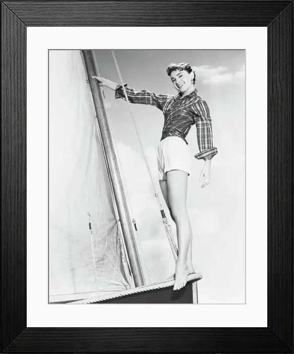 Framed Print : Audrey Hepburn Standing on Sailboat Framed Print : Audrey Hepburn Standing on Sailboat