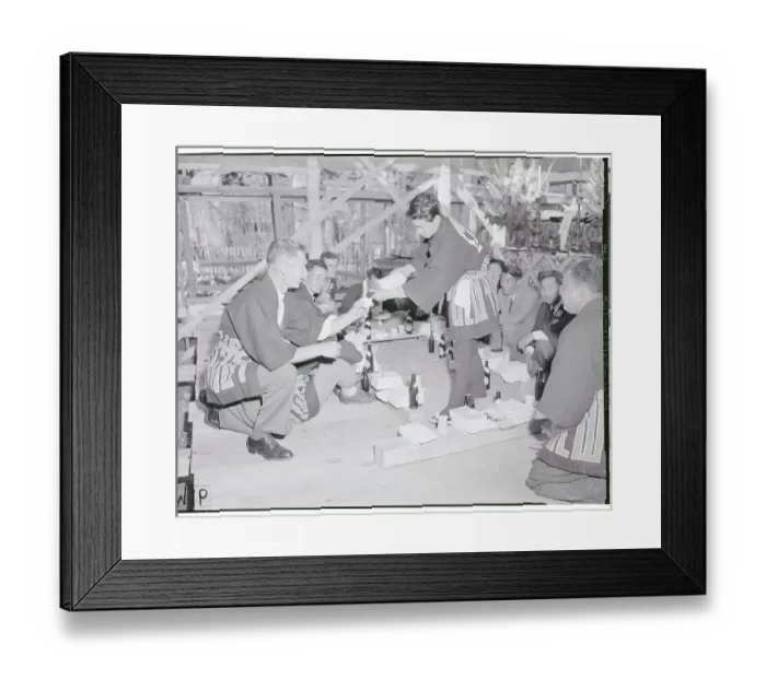 Framed Print : Jim Qiunn Receiving Cup of Saki From Isao Okumura