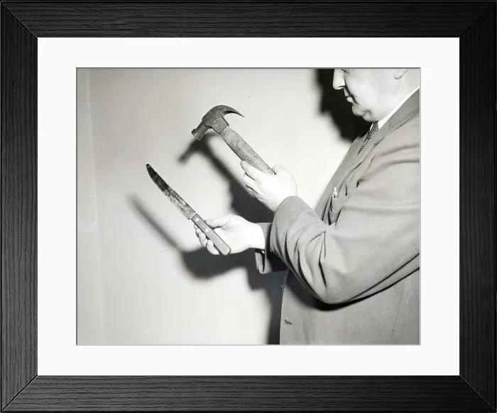 Framed Print : Detective Holding Hammer And Knife Framed Print : Detective Holding Hammer And Knife