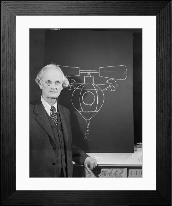 Framed Print : Auguste Piccard with Sketch of Diving Boat Project Framed Print : Auguste Piccard with Sketch of Diving Boat Project