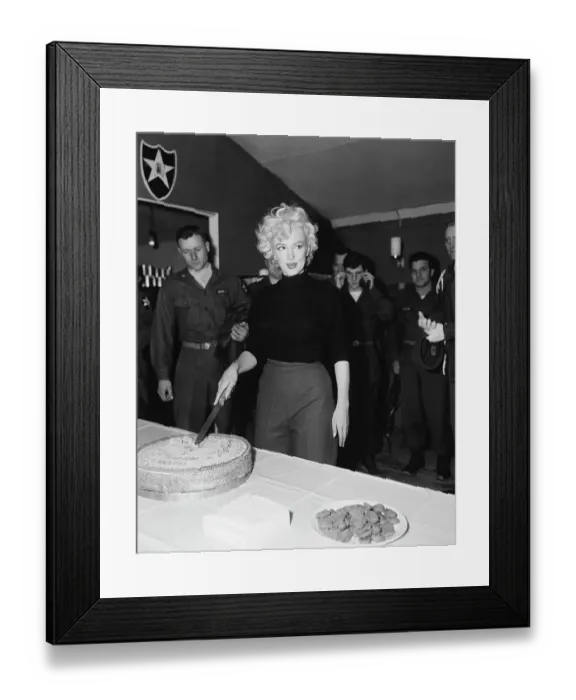 Framed Print : Marilyn Monroe Cutting Cake with Soldiers Framed Print : Marilyn Monroe Cutting Cake with Soldiers
