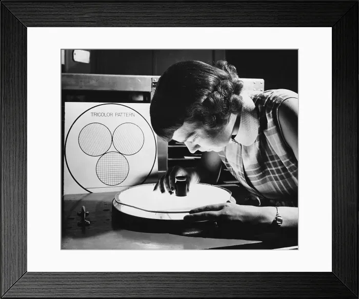 Framed Print : Girl Technician Looking at Tricolor Patte Framed Print : Girl Technician Looking at Tricolor Patte