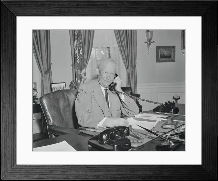 Framed Print : President Dwight Eisenhower Conversing by Phone at His Desk Framed Print : President Dwight Eisenhower Conversing by Phone at His Desk