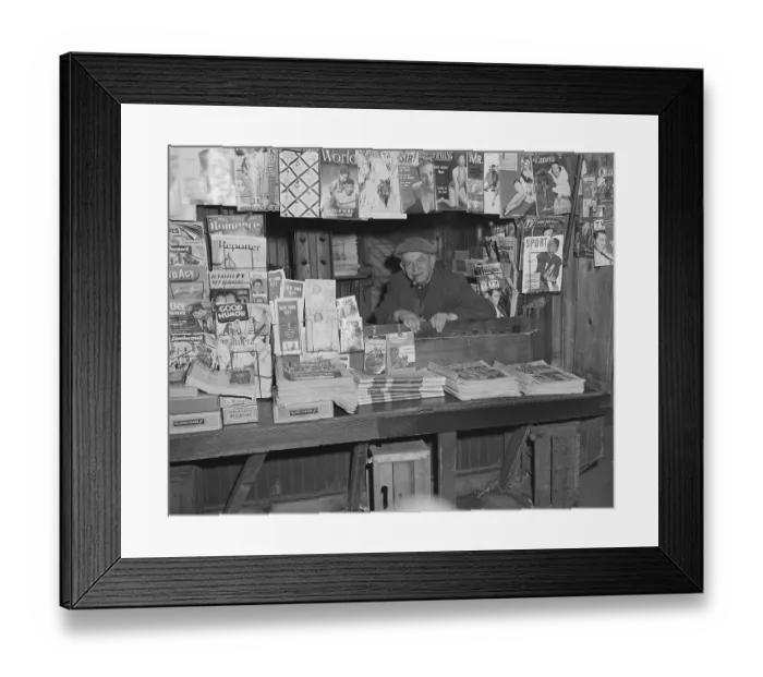 Framed Print : Newsstand Owner Smiling After Newspaper Strike Ends Framed Print : Newsstand Owner Smiling After Newspaper Strike Ends