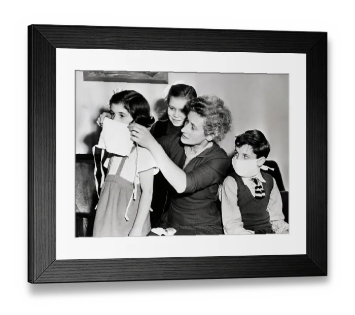 Framed Print : Woman Putting Mask On Children; Smog Framed Print : Woman Putting Mask On Children; Smog