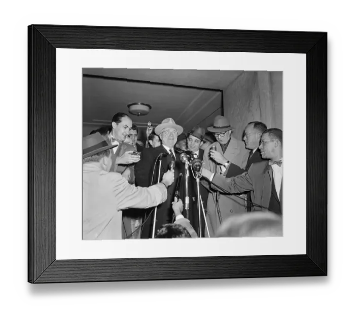 Framed Print : Harry Truman Surrounded by Reporters Framed Print : Harry Truman Surrounded by Reporters