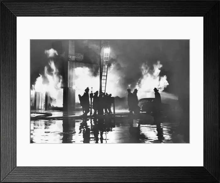 Framed Print : Firemen Silhouetted by Flames Framed Print : Firemen Silhouetted by Flames
