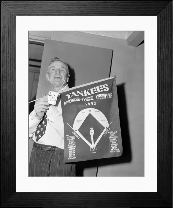 Framed Print : Casey Stengel Holding Card and Banner Framed Print : Casey Stengel Holding Card and Banner