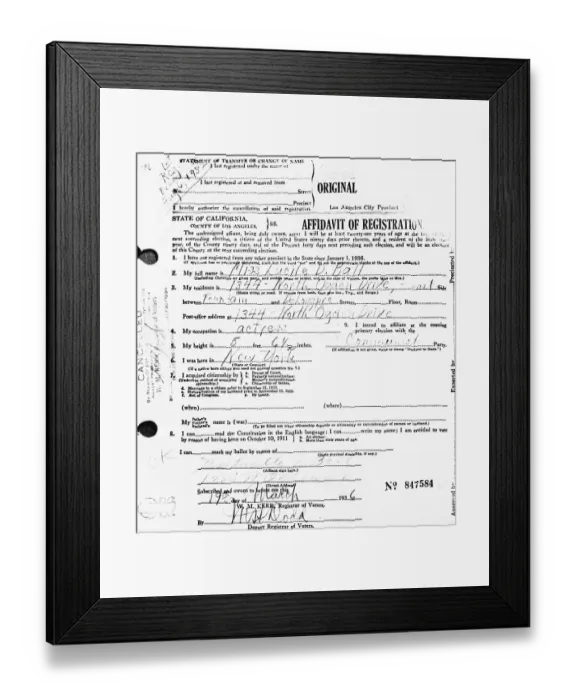 Framed Print : Lucille Ball Voter Registration Framed Print : Lucille Ball Voter Registration