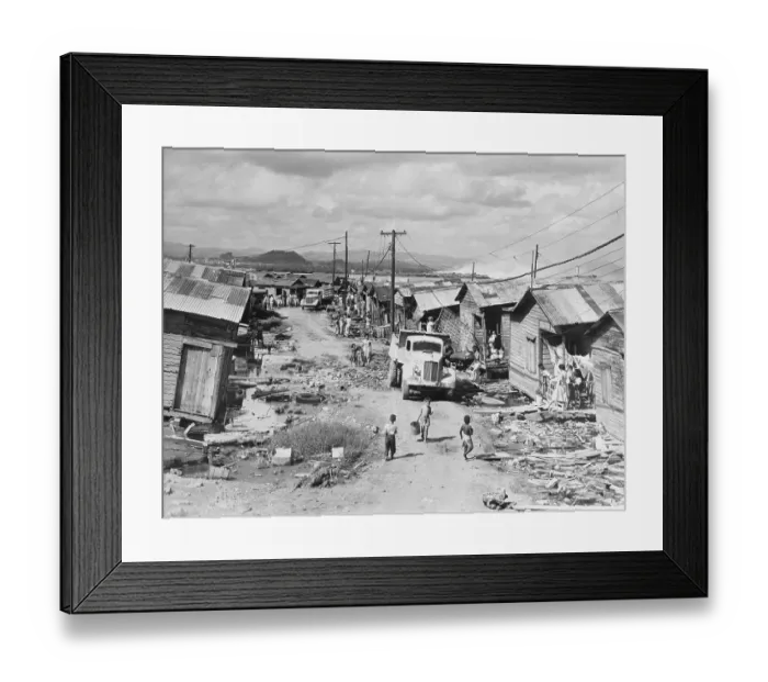 Framed Print : Truck Entering Shambled Slum Area Framed Print : Truck Entering Shambled Slum Area