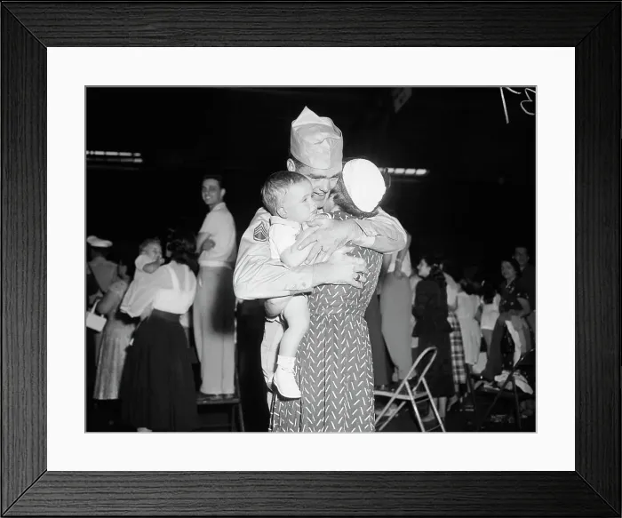 Framed Print : Sargeant Is Greeted By Wife And Son