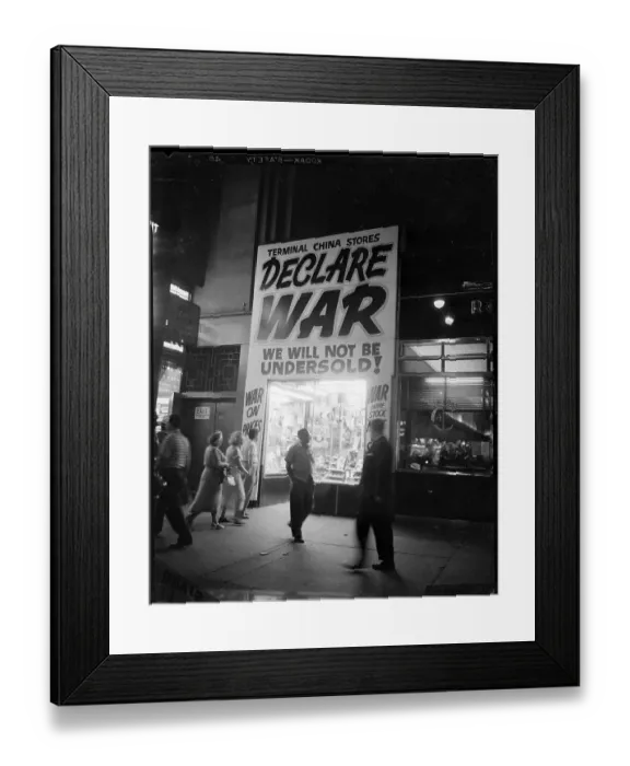 Framed Print : Customers Enter Store with Huge Sale Sign Framed Print : Customers Enter Store with Huge Sale Sign