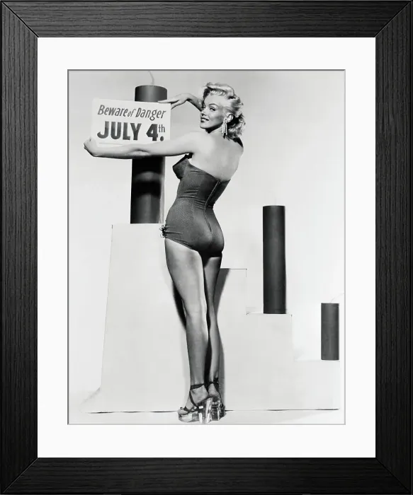 Framed Print : Marilyn Monroe Posing with July 4th Warning Framed Print : Marilyn Monroe Posing with July 4th Warning