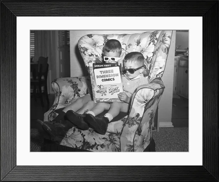 Framed Print : Children Sitting In Chair With 3D Comic Framed Print : Children Sitting In Chair With 3D Comic